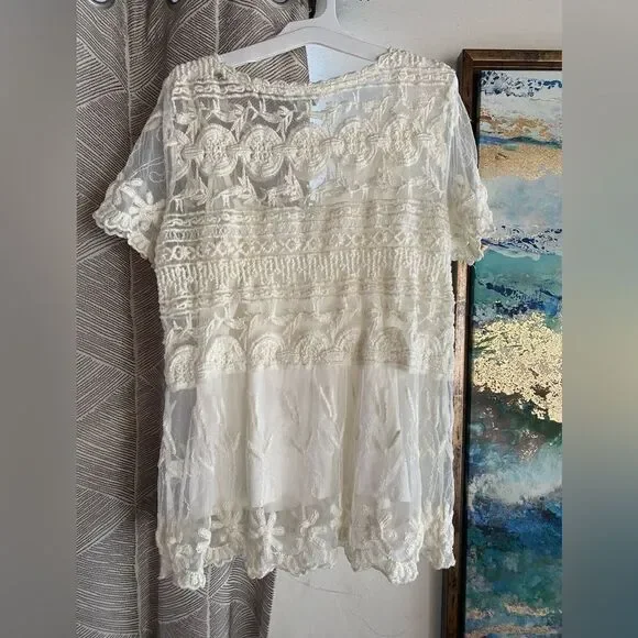 Sundance Embroidered Beige Short Sleeve Lace Mesh Blouse Sz M  Boho Lined - Picture 3 of 15